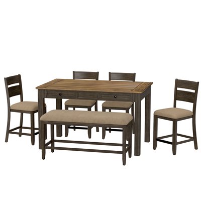 GATHERING TABLE W / 4 CHAIRS & BENCH, BROWN